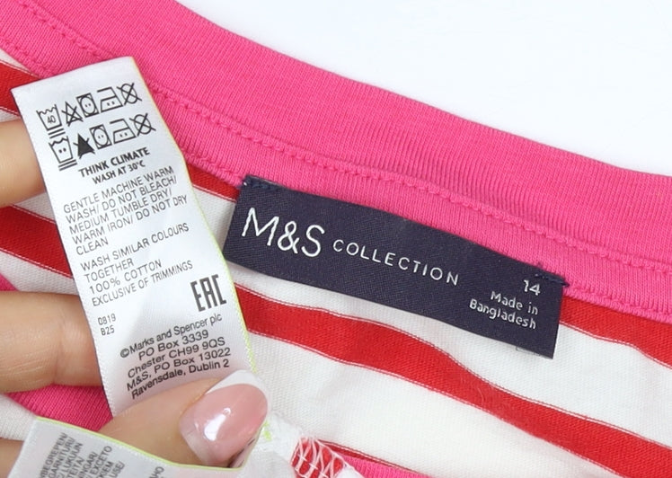 M&S Women Red White Stripe Long Sleeve Jersey T-Shirt UK 14
