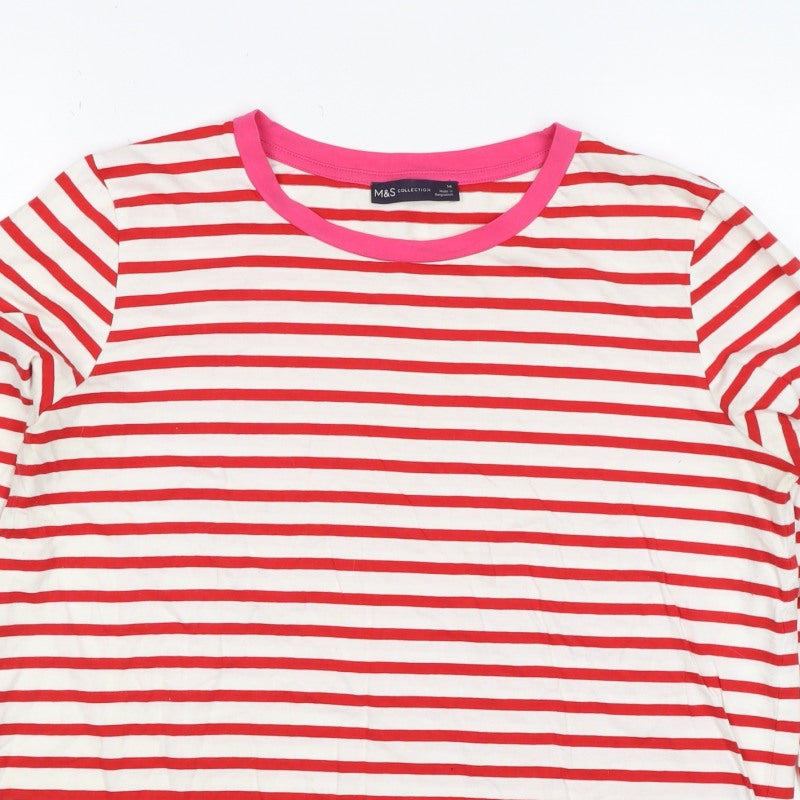 M&S Women Red White Stripe Long Sleeve Jersey T-Shirt UK 14