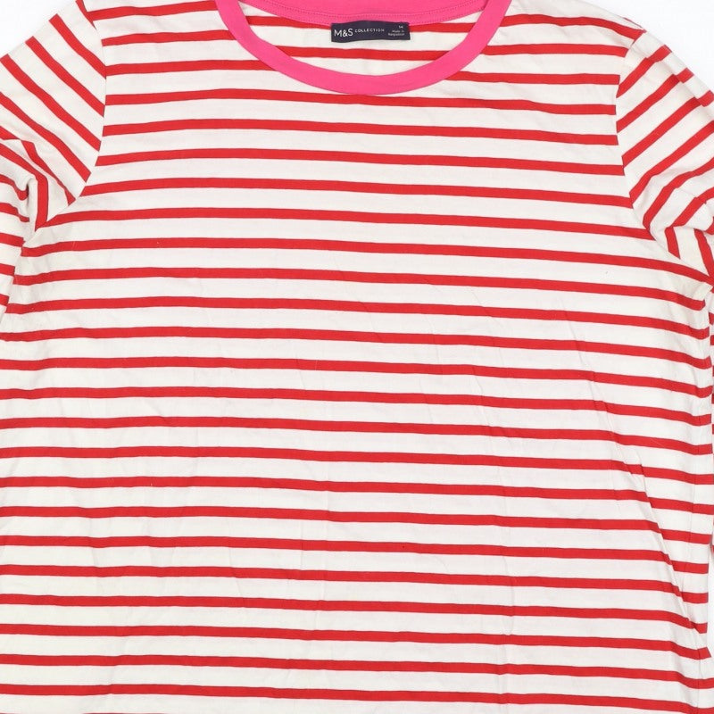 M&S Women Red White Stripe Long Sleeve Jersey T-Shirt UK 14