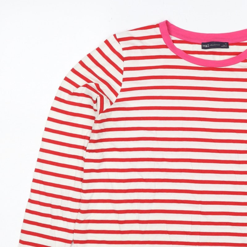 M&S Women Red White Stripe Long Sleeve Jersey T-Shirt UK 14