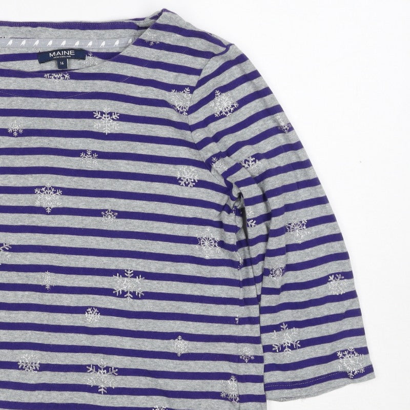 Maine New England Women’s Grey Purple Stripe Glitter Snowflake Top UK 16