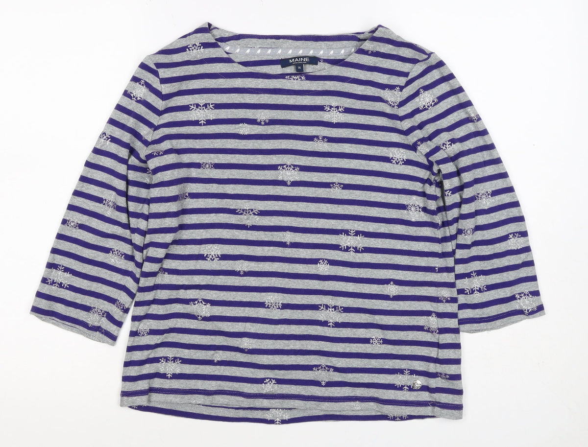Maine New England Women’s Grey Purple Stripe Glitter Snowflake Top UK 16