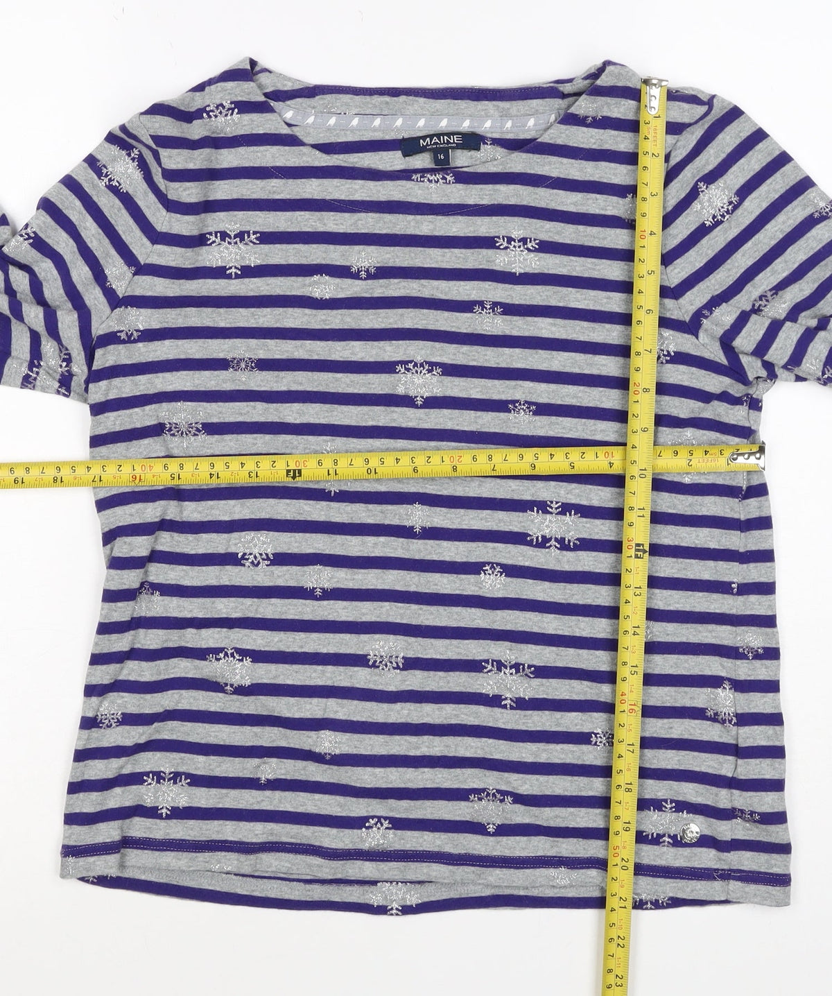 Maine New England Women’s Grey Purple Stripe Glitter Snowflake Top UK 16