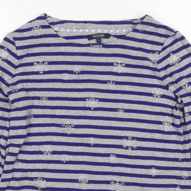 Maine New England Women’s Grey Purple Stripe Glitter Snowflake Top UK 16