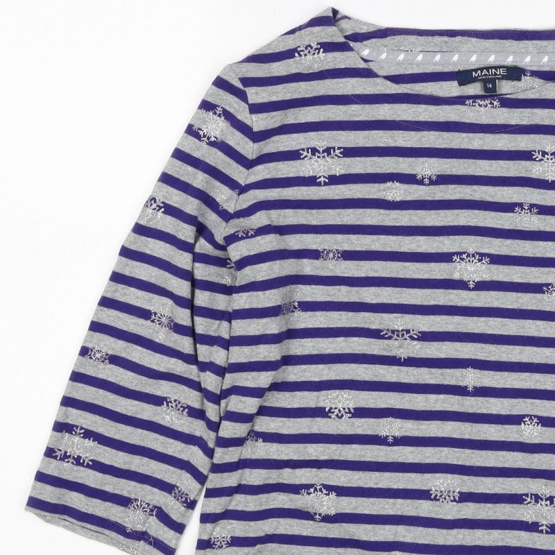 Maine New England Women’s Grey Purple Stripe Glitter Snowflake Top UK 16