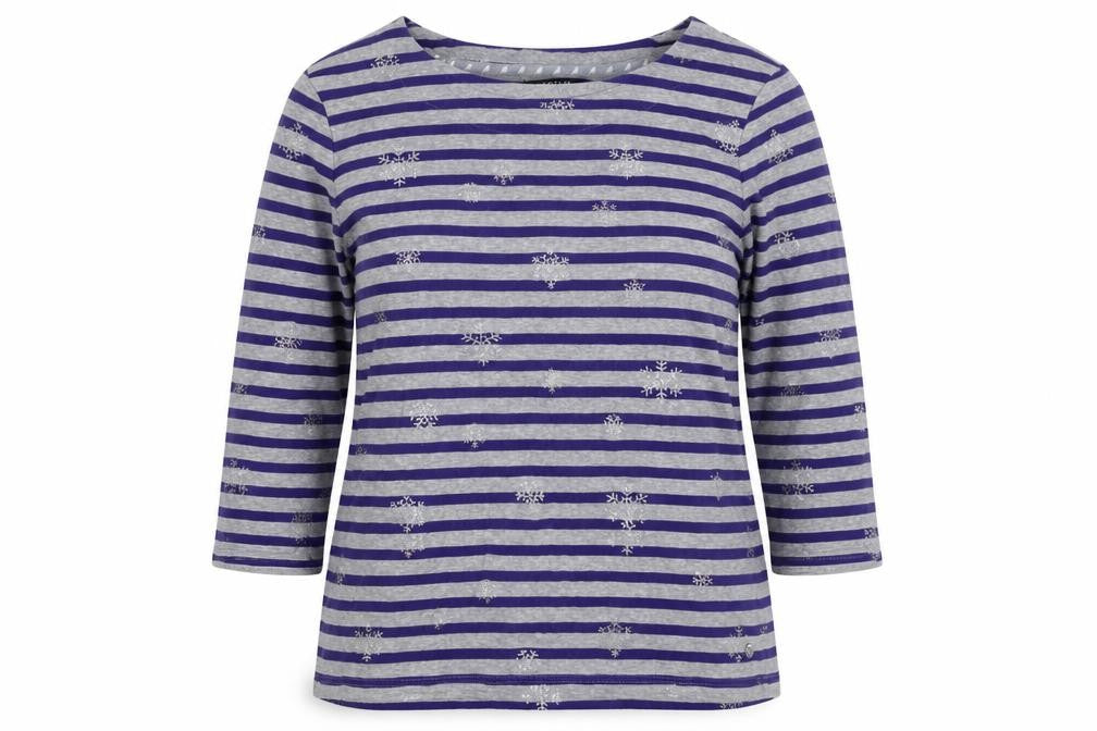 Maine New England Women’s Grey Purple Stripe Glitter Snowflake Top UK 16