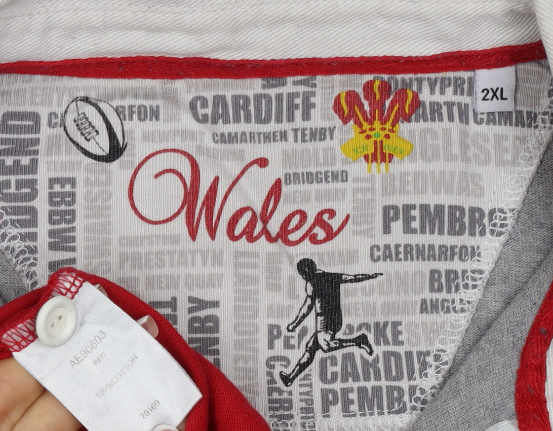 Wales Men’s Red Grey 2XL Long Sleeve Rugby Polo Shirt