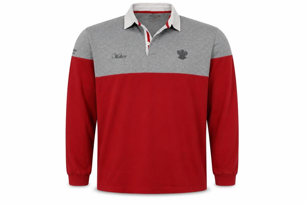 Wales Men’s Red Grey 2XL Long Sleeve Rugby Polo Shirt