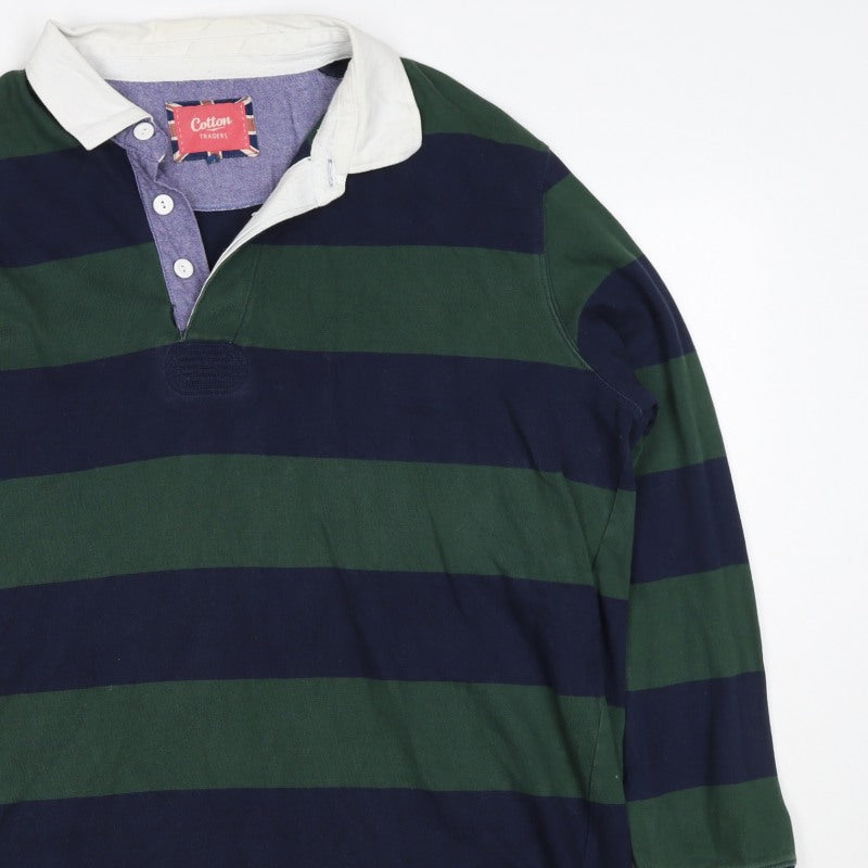 Cotton Traders Men's Green Navy 2XL Striped Long Sleeve Rugby Polo