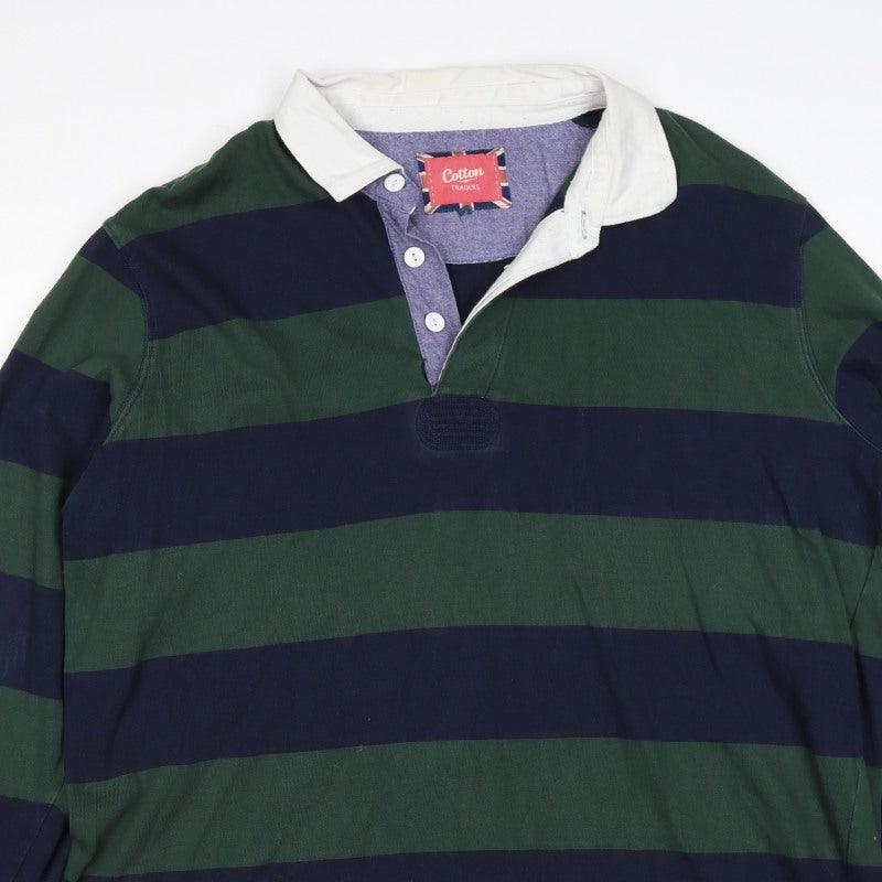 Cotton Traders Men's Green Navy 2XL Striped Long Sleeve Rugby Polo