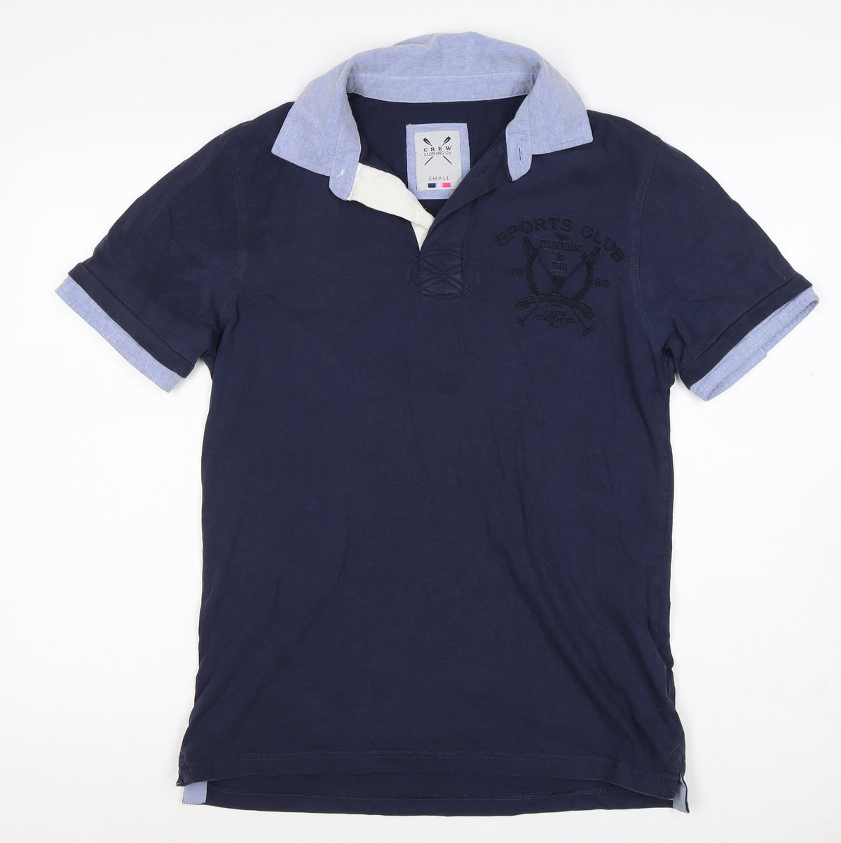 Back view of Crew Clothing Co Men’s Blue Small Embroidered Sports Club Polo Shirt