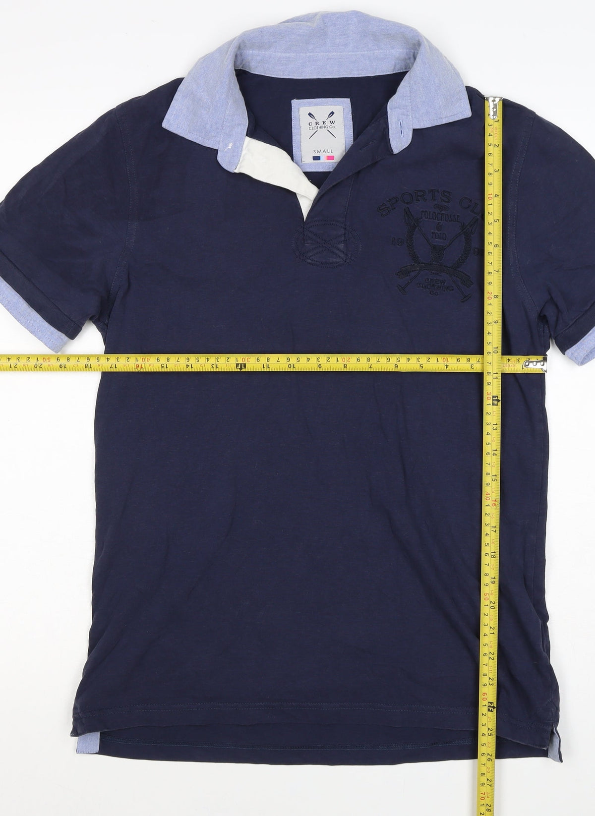 Brand and care label for Crew Clothing Co Men’s Blue Small Embroidered Sports Club Polo Shirt