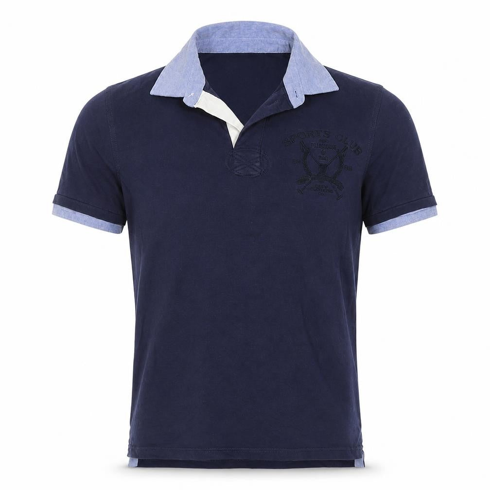 Front view of Crew Clothing Co Men’s Blue Small Embroidered Sports Club Polo Shirt