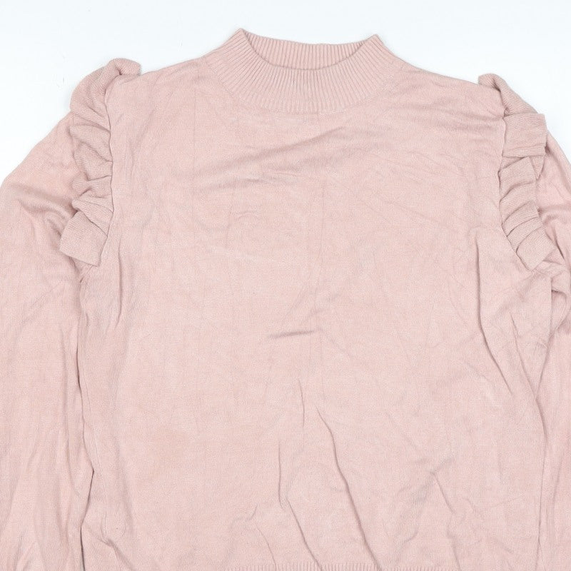 New Look Women Pink Size 14 Ruffle High Neck Knit Jumper