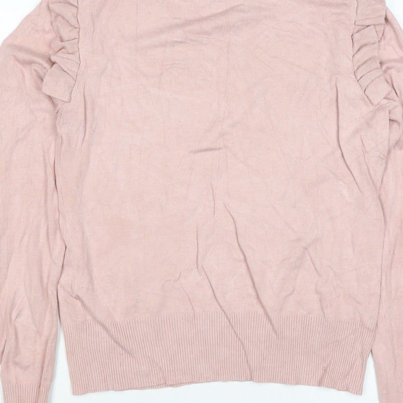 New Look Women Pink Size 14 Ruffle High Neck Knit Jumper
