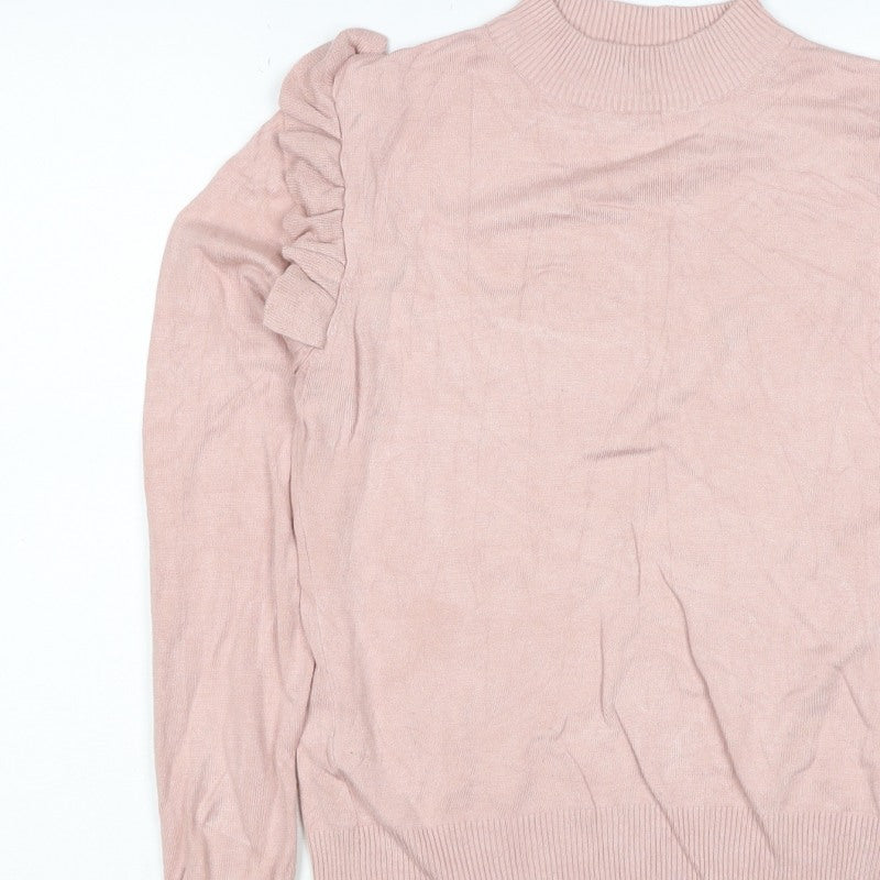 New Look Women Pink Size 14 Ruffle High Neck Knit Jumper