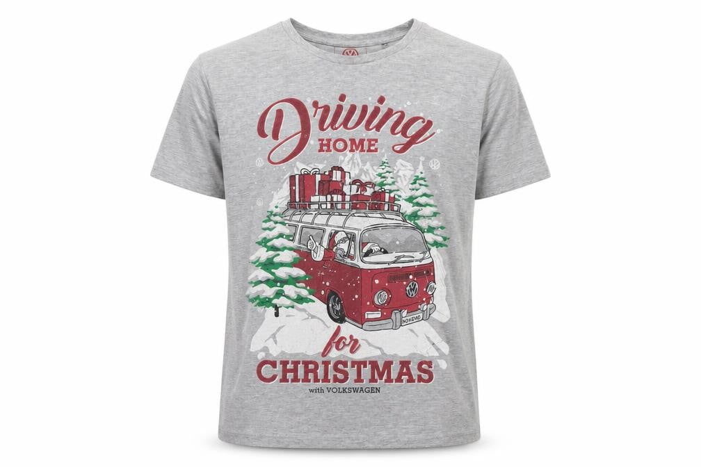Front view of Volkswagen men’s grey xl christmas driving home graphic t-shirt