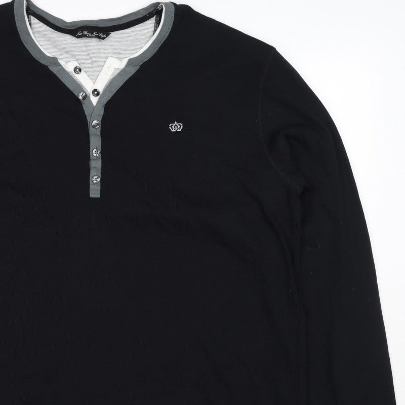 Next Men’s Black XL Cotton Henley Button Logo Sweatshirt