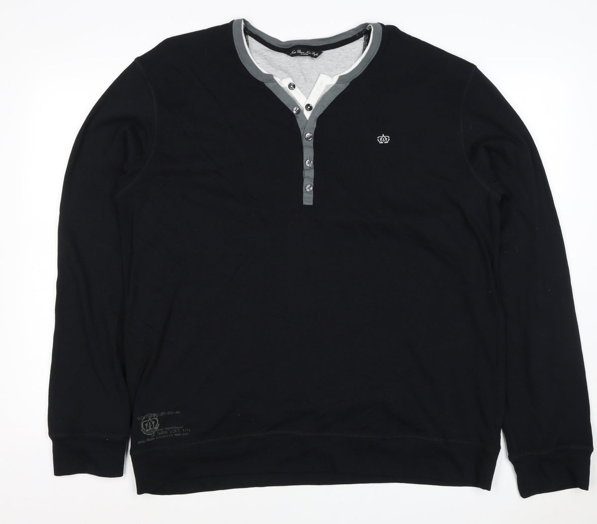 Next Men’s Black XL Cotton Henley Button Logo Sweatshirt