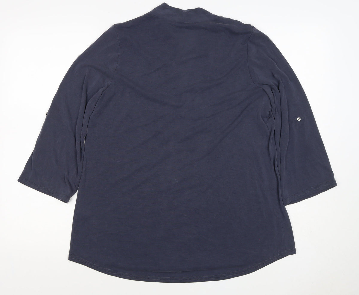 Roman Women Blue Size 12 V-Neck 3/4 Sleeve Roll Tab Blouse