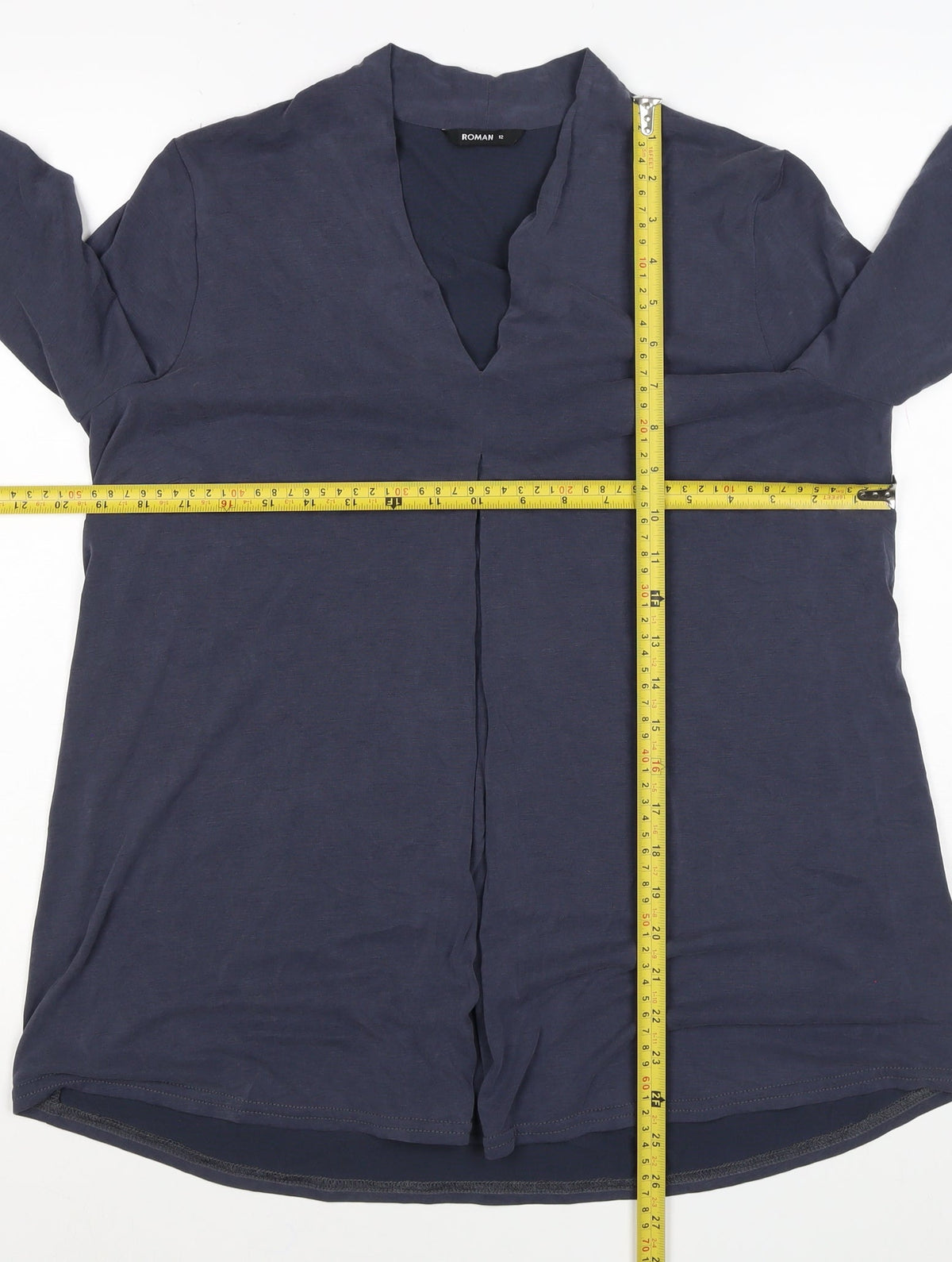 Roman Women Blue Size 12 V-Neck 3/4 Sleeve Roll Tab Blouse