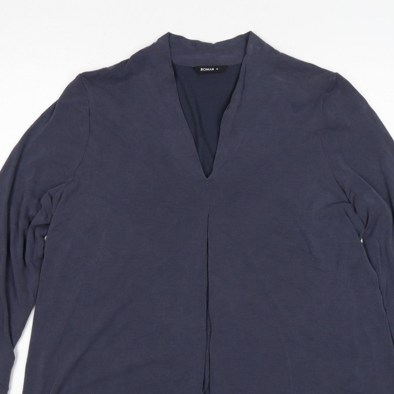 Roman Women Blue Size 12 V-Neck 3/4 Sleeve Roll Tab Blouse