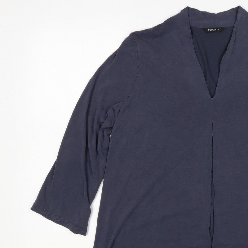 Roman Women Blue Size 12 V-Neck 3/4 Sleeve Roll Tab Blouse