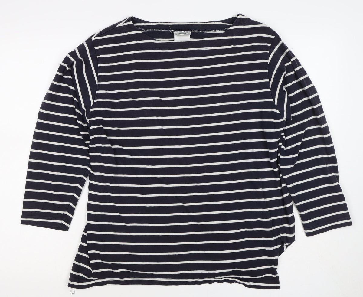 Laura Ashley Women Blue White Striped Cotton Long Sleeve T-Shirt L