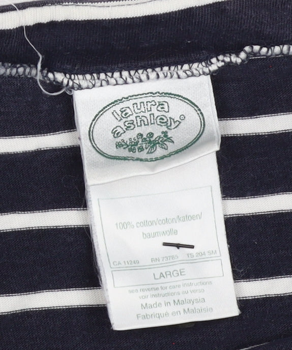 Laura Ashley Women Blue White Striped Cotton Long Sleeve T-Shirt L