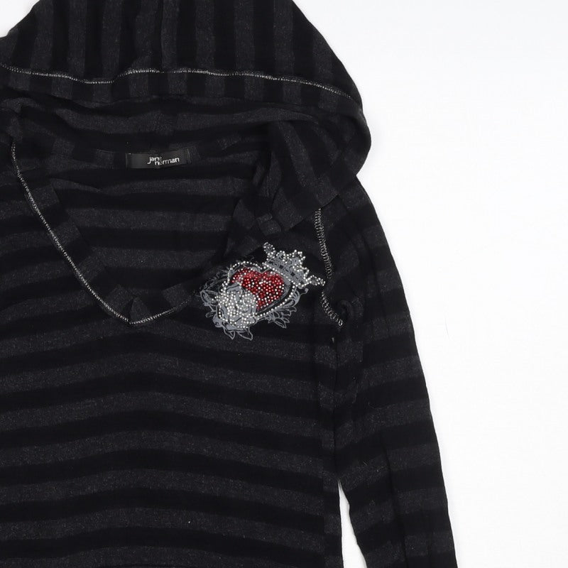 Jane Norman Women Black Stripe Rhinestone Butterfly Hoodie UK 10 Pullover