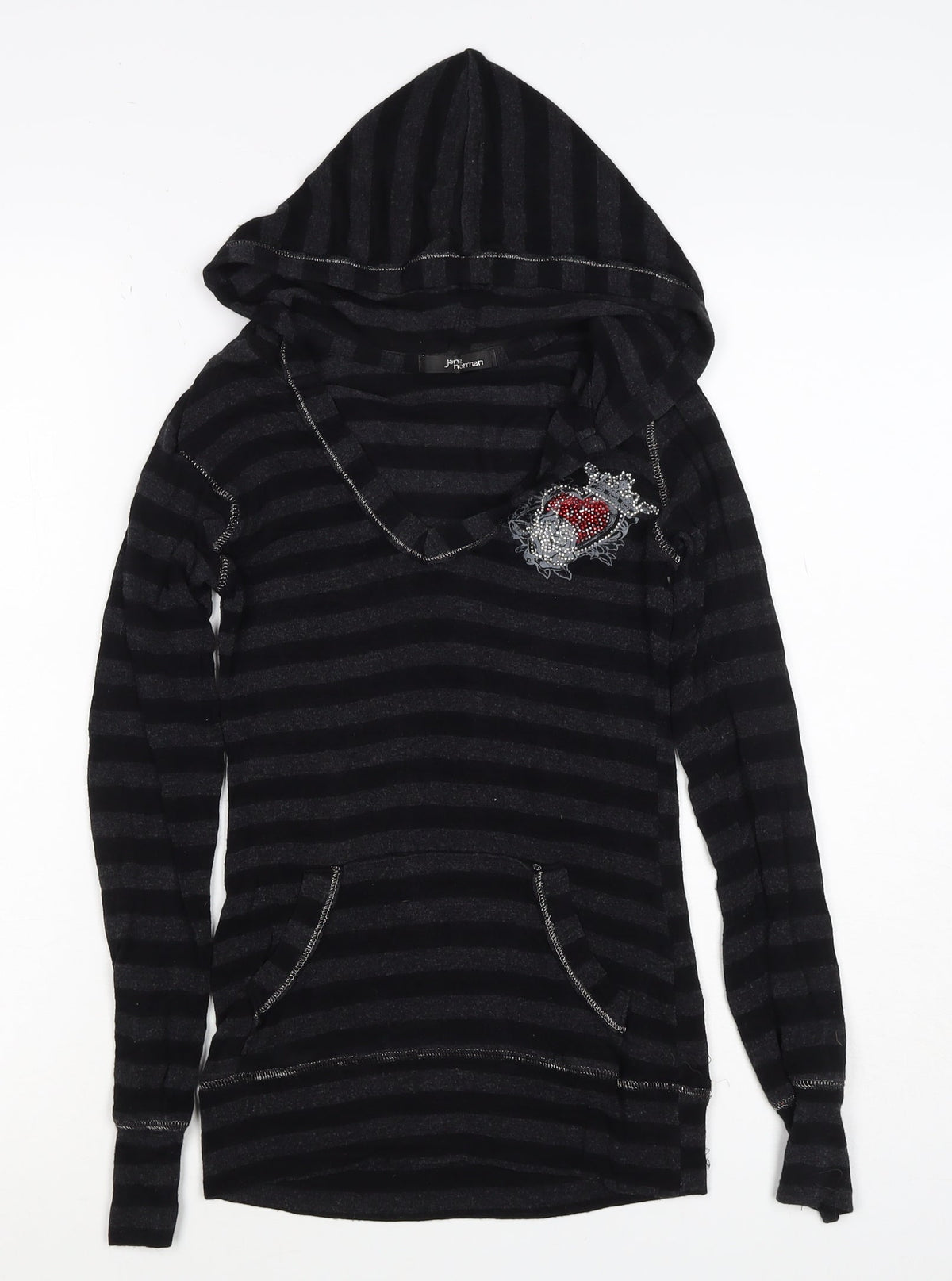 Jane Norman Women Black Stripe Rhinestone Butterfly Hoodie UK 10 Pullover