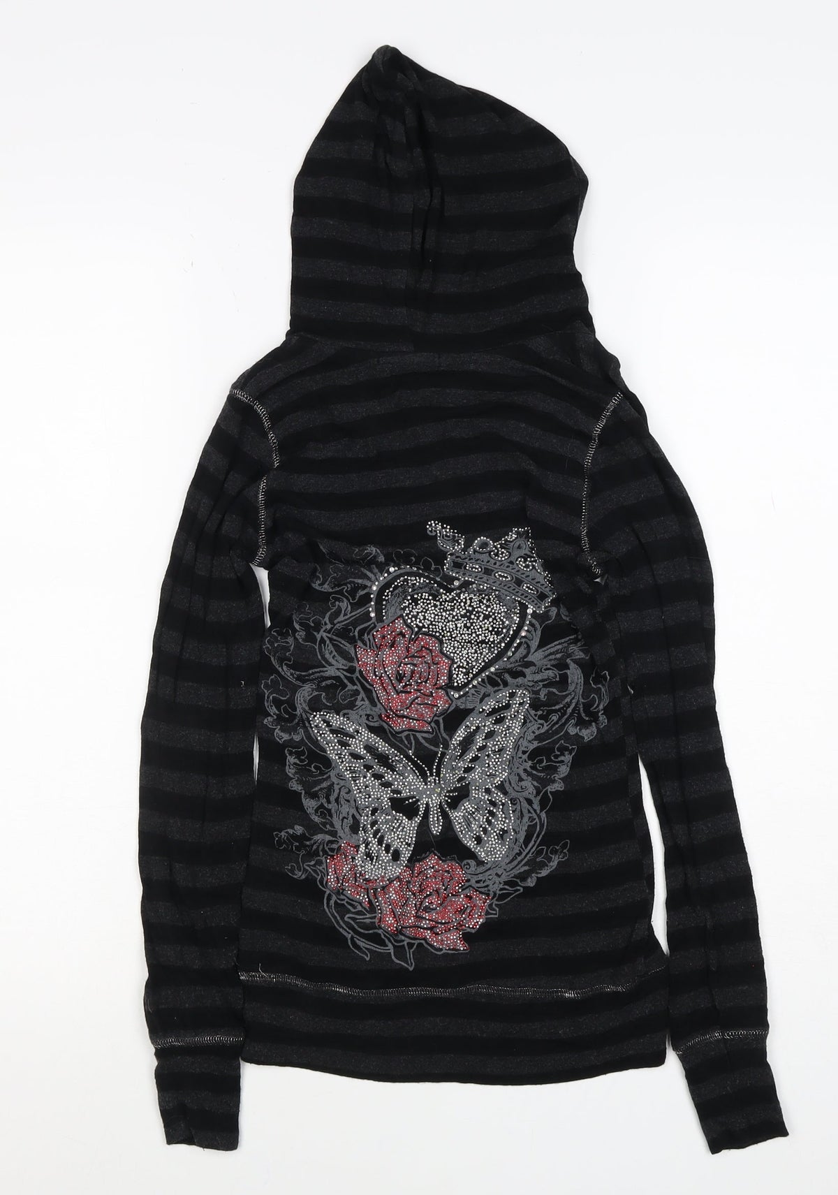 Jane Norman Women Black Stripe Rhinestone Butterfly Hoodie UK 10 Pullover