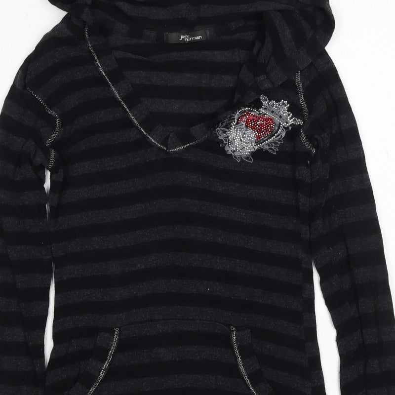 Jane Norman Women Black Stripe Rhinestone Butterfly Hoodie UK 10 Pullover