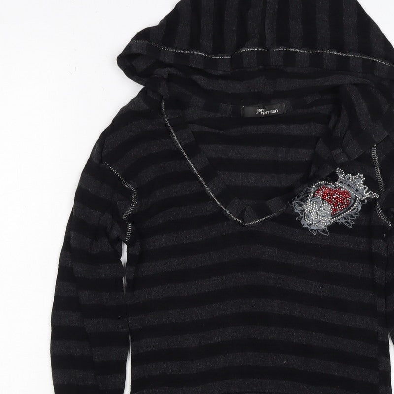 Jane Norman Women Black Stripe Rhinestone Butterfly Hoodie UK 10 Pullover