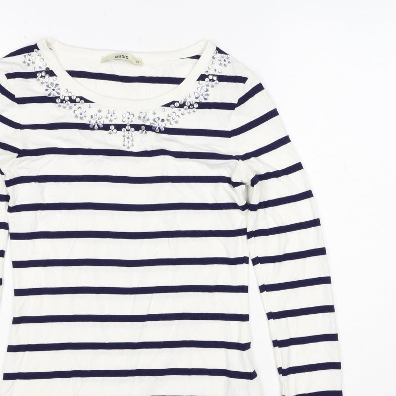 Oasis Women White Navy Striped XS Jersey Long Sleeve Rhinestone T-Shirt