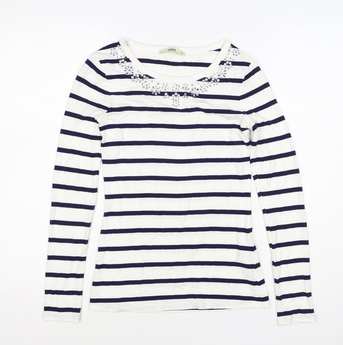 Oasis Women White Navy Striped XS Jersey Long Sleeve Rhinestone T-Shirt