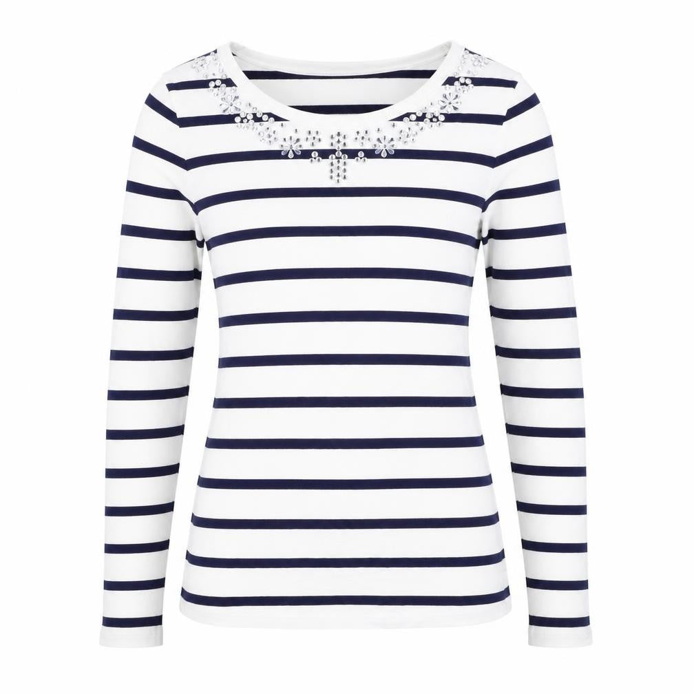Oasis Women White Navy Striped XS Jersey Long Sleeve Rhinestone T-Shirt