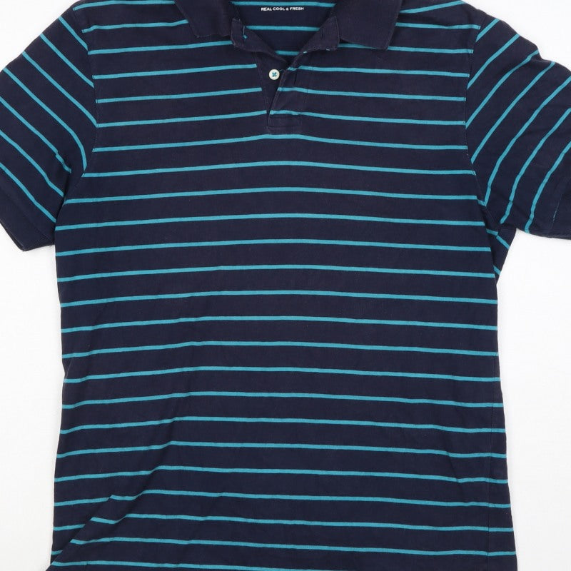 Blue Harbour M&S Men's Blue Striped Small Short Sleeve Cotton Polo