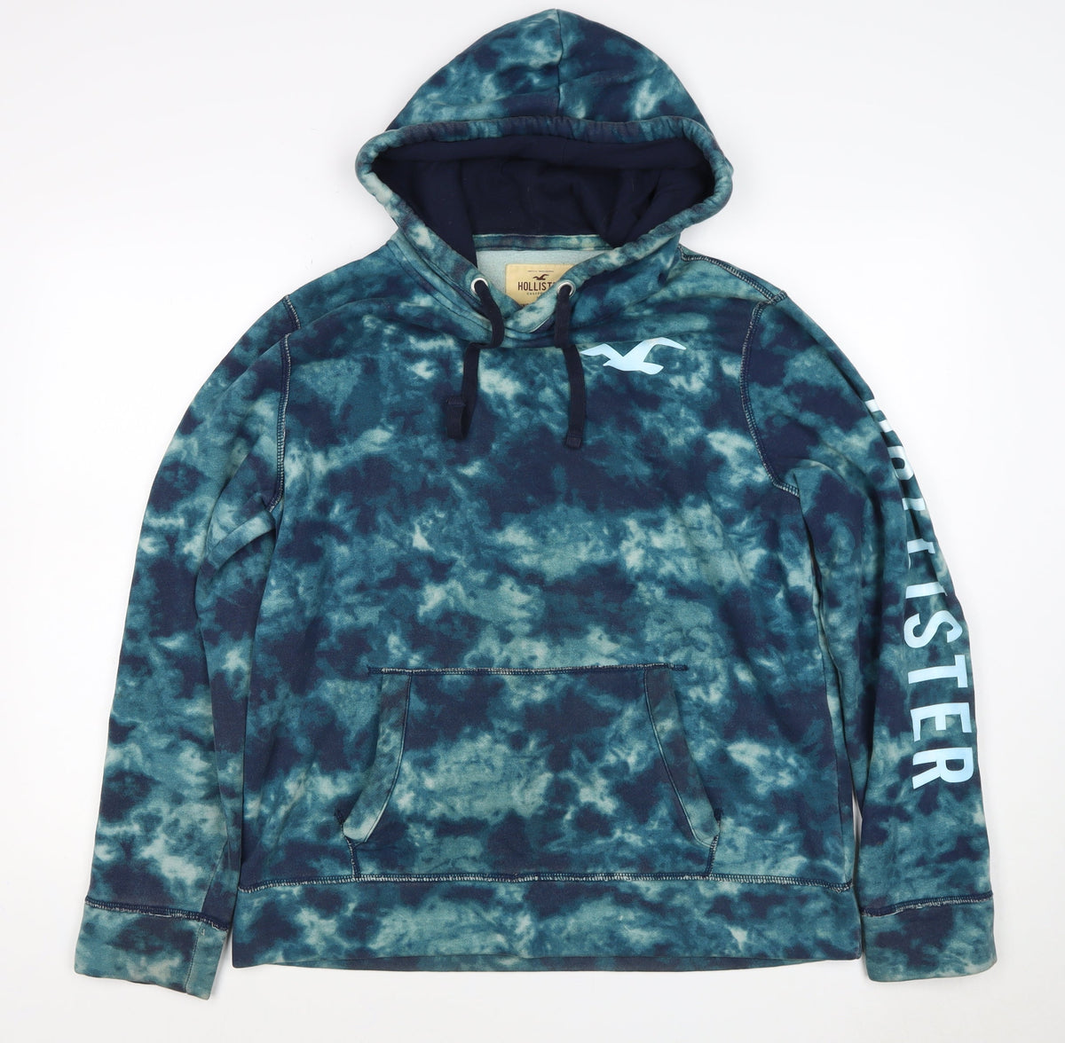 Hollister Men’s Blue Tie Dye Logo Pullover Fleece Hoodie L