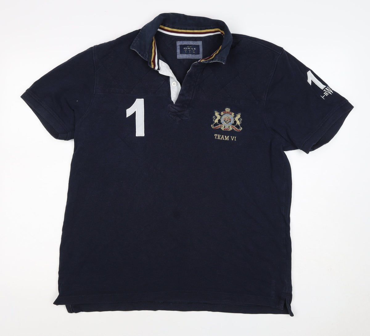 Back view of Howick Men Blue L Cotton Team VI Number 1 Short Sleeve Polo Shirt