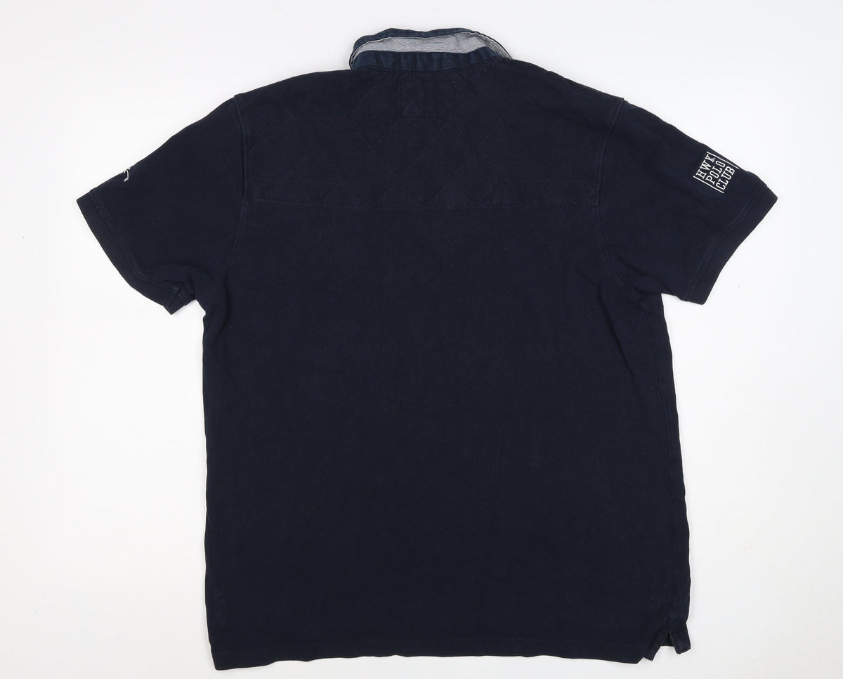 Close-up detail of Howick Men Blue L Cotton Team VI Number 1 Short Sleeve Polo Shirt