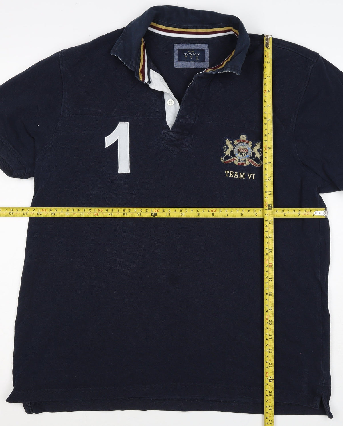 Brand and care label for Howick Men Blue L Cotton Team VI Number 1 Short Sleeve Polo Shirt