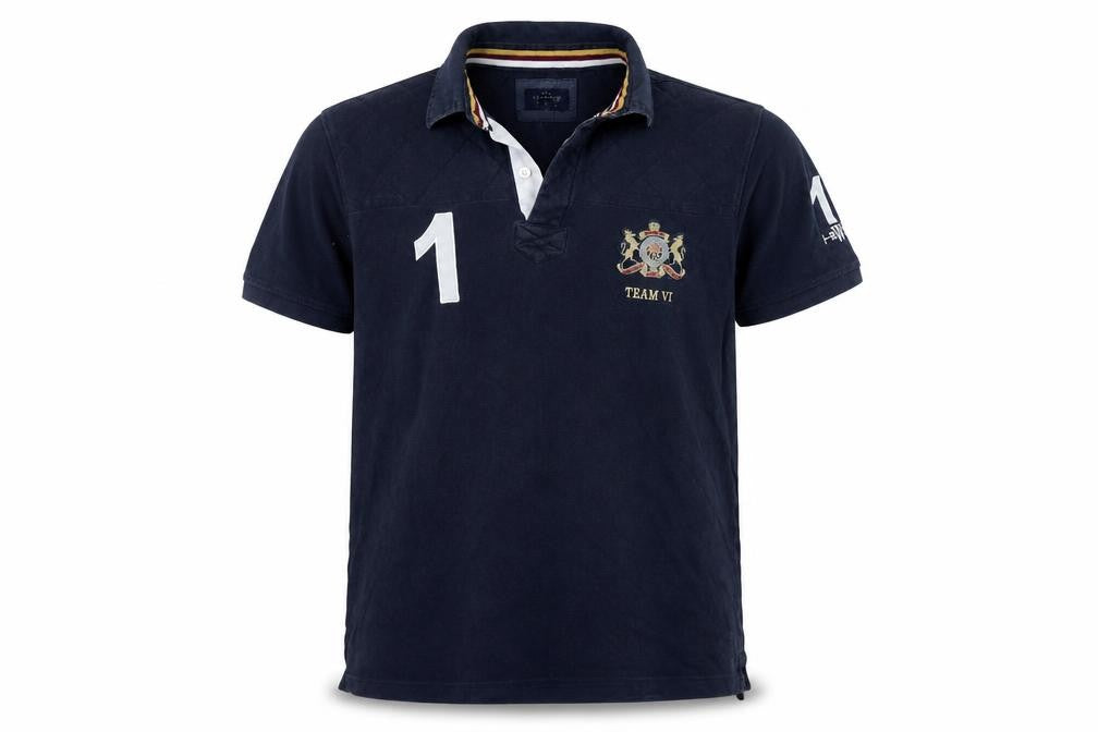 Front view of Howick Men Blue L Cotton Team VI Number 1 Short Sleeve Polo Shirt