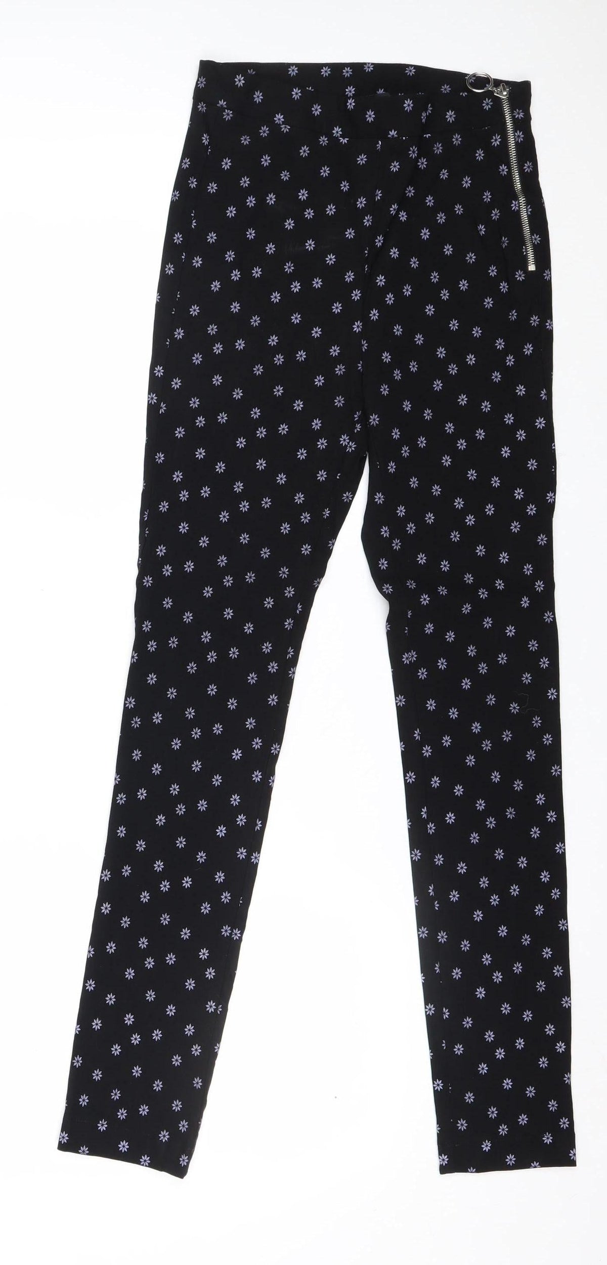Zara Women Black Floral Side Zip Slim Trousers UK 8