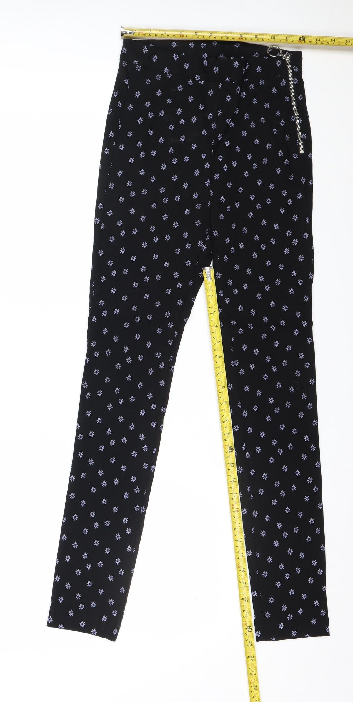Zara Women Black Floral Side Zip Slim Trousers UK 8