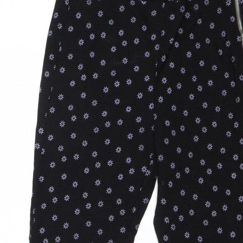 Zara Women Black Floral Side Zip Slim Trousers UK 8