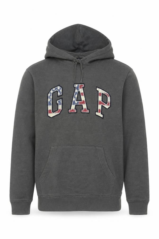 Gap Men’s Grey M Pullover Hoodie USA Flag Logo Pocket