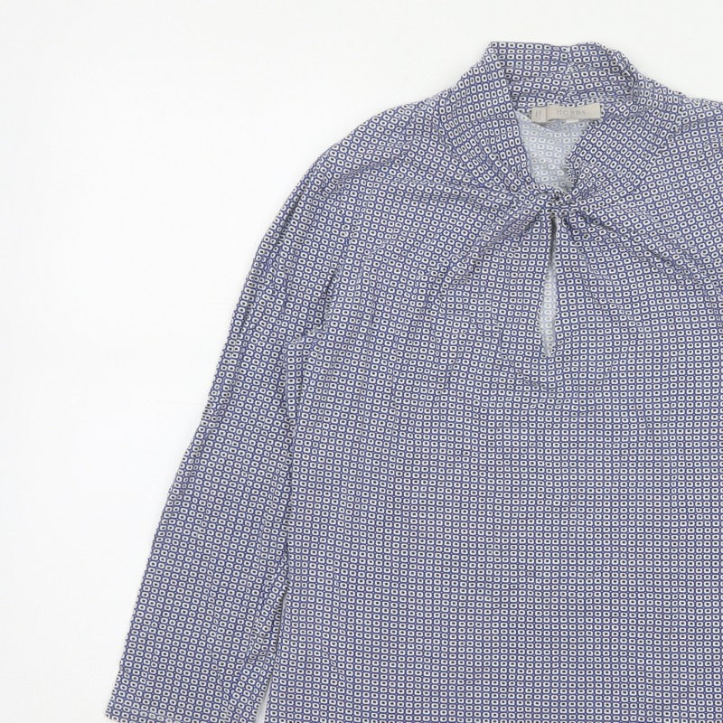 Hobbs Women Blue Geometric Tie Neck Long Sleeve Tunic Blouse M