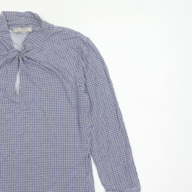 Hobbs Women Blue Geometric Tie Neck Long Sleeve Tunic Blouse M