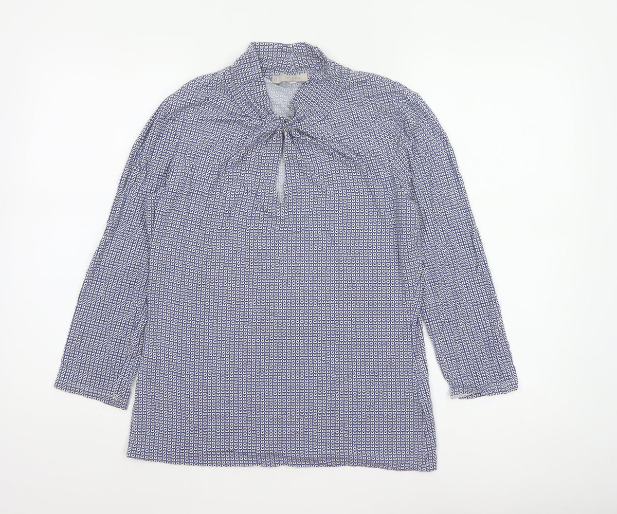 Hobbs Women Blue Geometric Tie Neck Long Sleeve Tunic Blouse M
